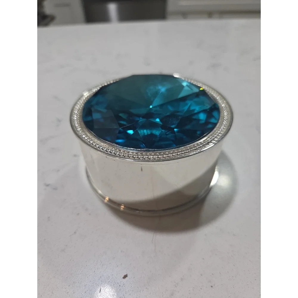 Lori Greiner Ornate Round Silver Coated Trinket Box with Blue Sapphire Top